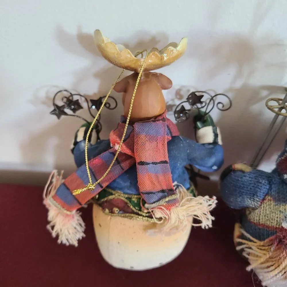 Vintage Fabric Mache Holiday Winter Christmas Ornaments Snowmen & Moose Set of 4